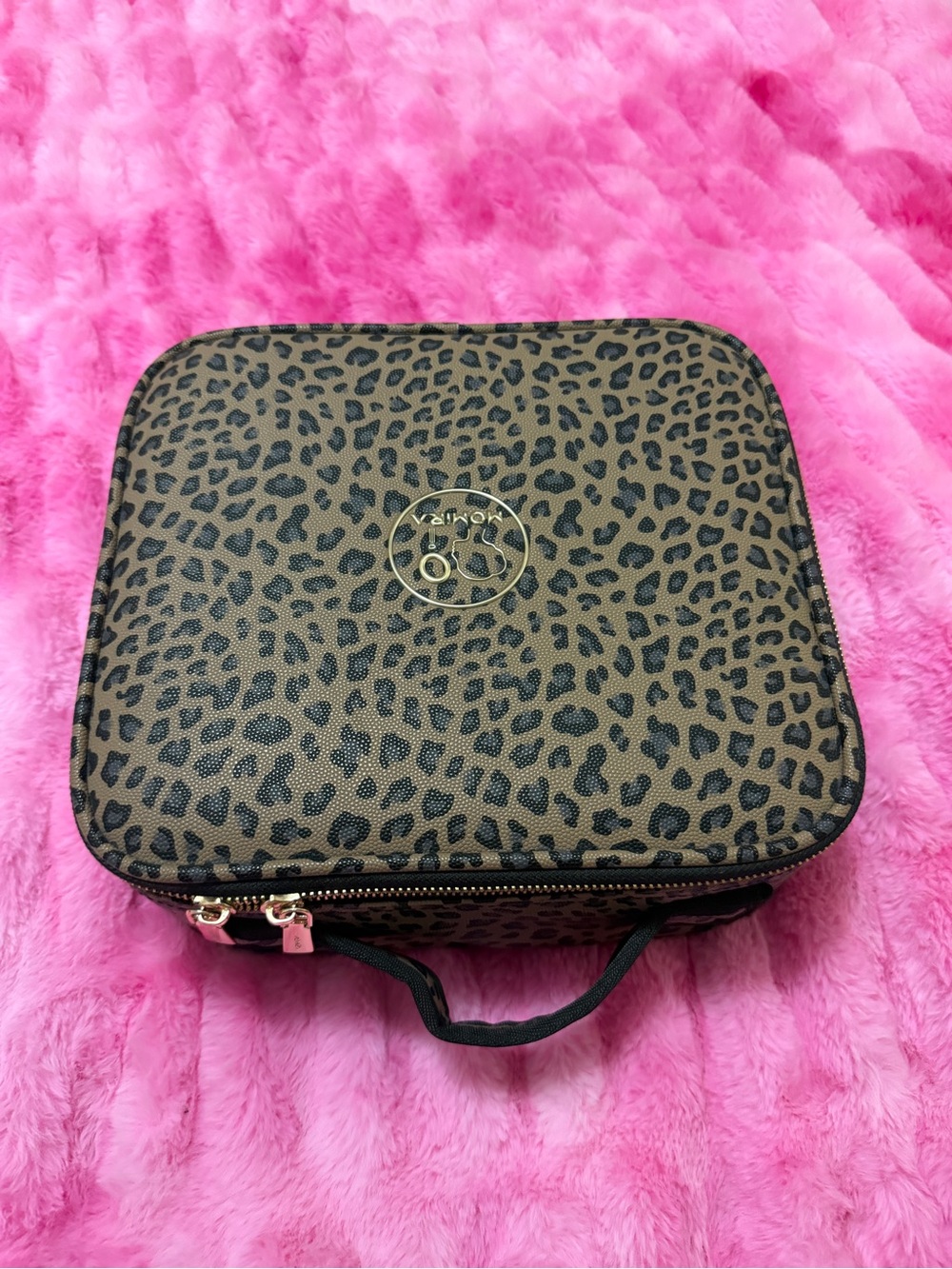 Brown Leopard Print Cosmetic Case with Gold Logo